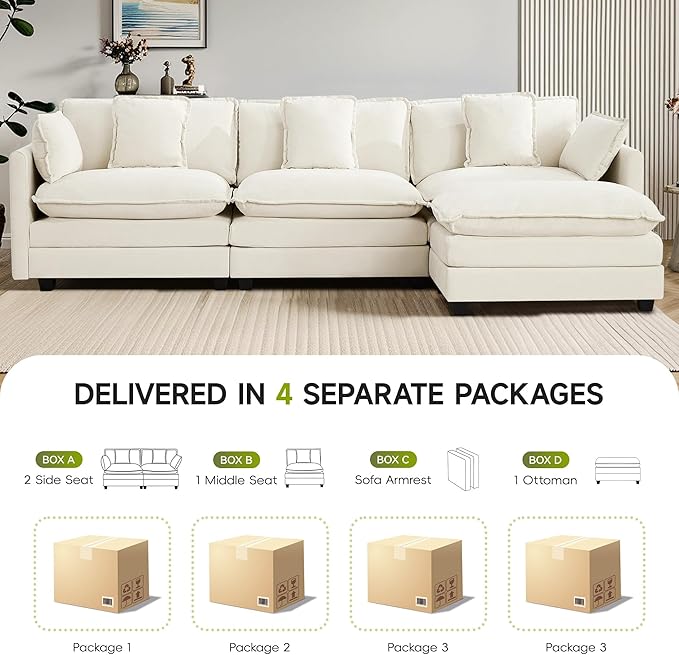 UMBFUN 3-Seater Cloud Couch with Ottoman, Oversized Comfy Modular Sectional L Shaped Sofa with Deep Seats, Chenille Couch for Living Room, Beige