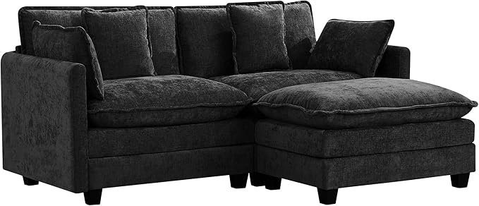 UMBFUN Cloud Couch Loveseat with Ottoman, Oversized Comfy Modular Sectional L Shaped Sofa with Deep Seat Cushions, Chenille 2-Seater Lounge Set for Living Room, Dark Grey