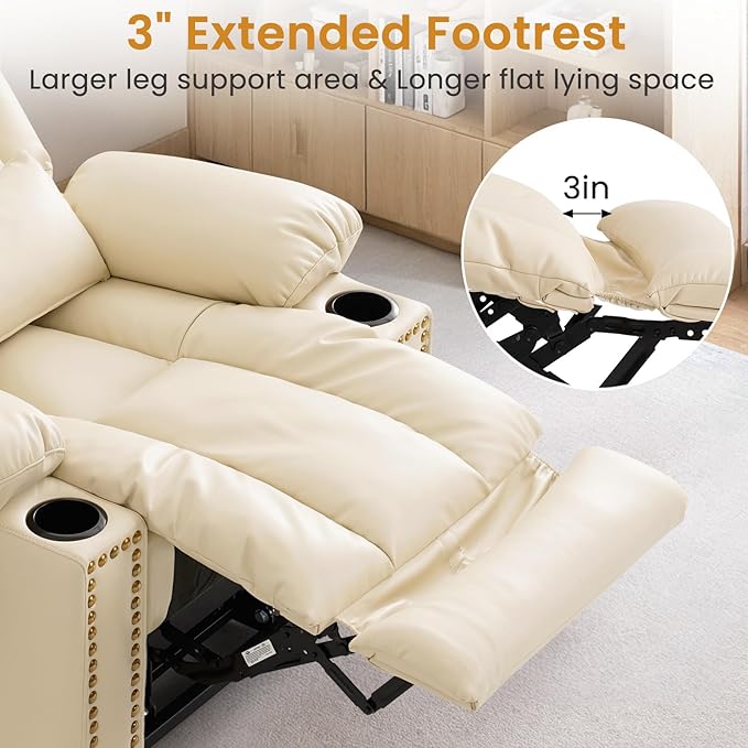 Oversized Power Lift Recliner Chair for Elderly Big and Tall, Dual Motor Heavy-Duty Lift Chair with Heat & Massage, Lay Flat Wide Recliner, USB-C, Cup Holders, Lumbar Pillow, PU Leather, Beige