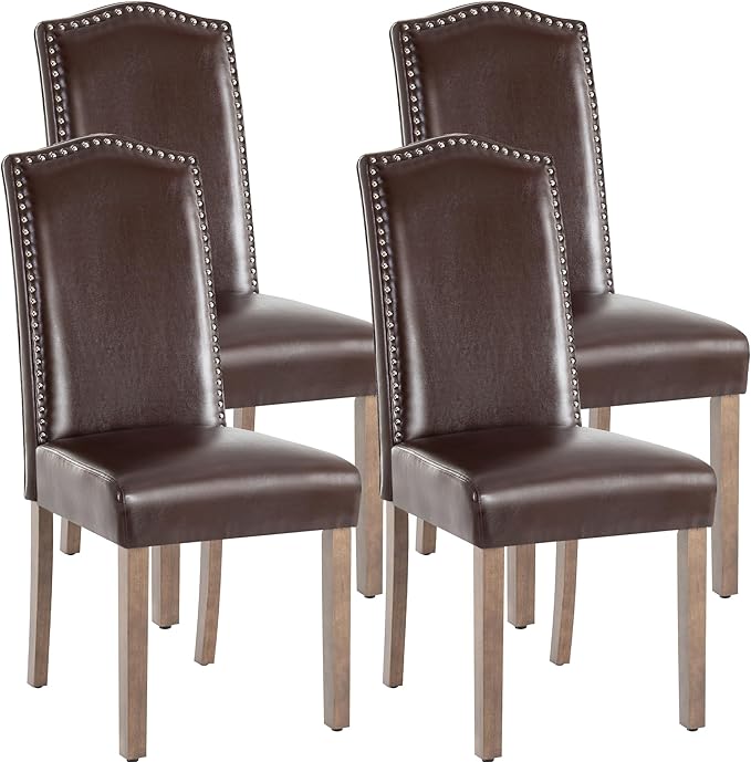 SNUGWAY Upholstered Dining Chair Stylish Parsons Kitchen High Back with Silver Nailhead Trim & Wood Legs, 4-Pack, PU Dark Brown