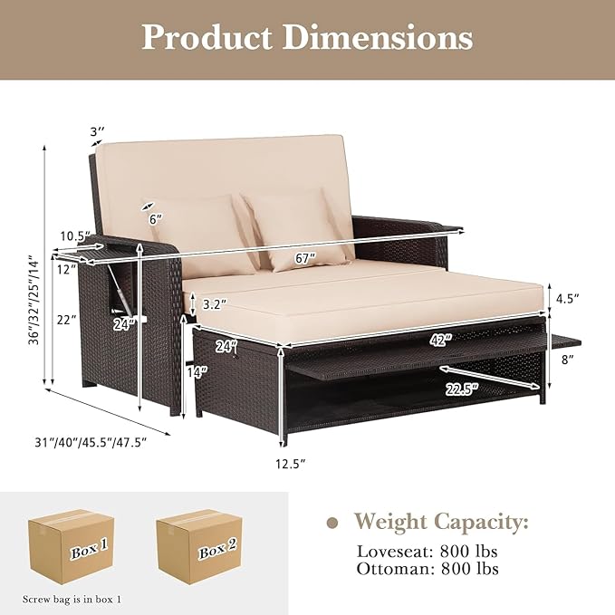 RELAX4LIFE Wicker Patio Outdoor Daybed - Rattan Day Bed Lounger with Loveseat & Storage Ottoman, Sunbed Sofa Set w/Cushions, 4-Level Adjustable Backrest & 2 Retractable Trays, Patio Daybed (Beige)