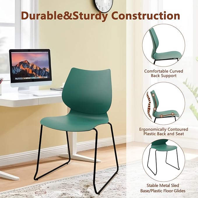 Stackable Waiting Room Chair, Stacking Office Chair with Ergonomic Lumbar Support and Metal Legs, Plastic Desk Chairs for Conference School Church Guest Reception Set of 4, Green