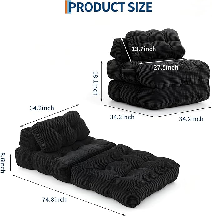 Garvee Folding Sofa Bed, Convertible Sleeper Chair with Pillow Foldable Mattress with Back Support, Boneless Fold Out Chair Bed Comfy Floor Sofa Lounge for Living Room, Bedroom, Black, Single