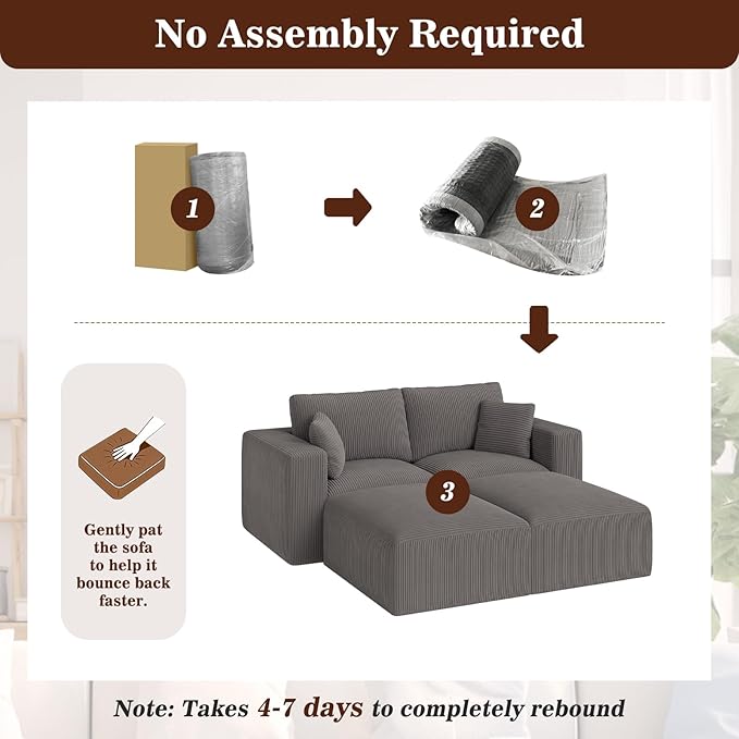 79" Modular Sectional Sofa, Boneless Couch Loveseat Memory Foam Cloud Couch with Ottoman, Cozy 2 Seater Corduroy Floor Couch, No Assembly Required Living Room Furniture for Apartment Bedroom, Grey