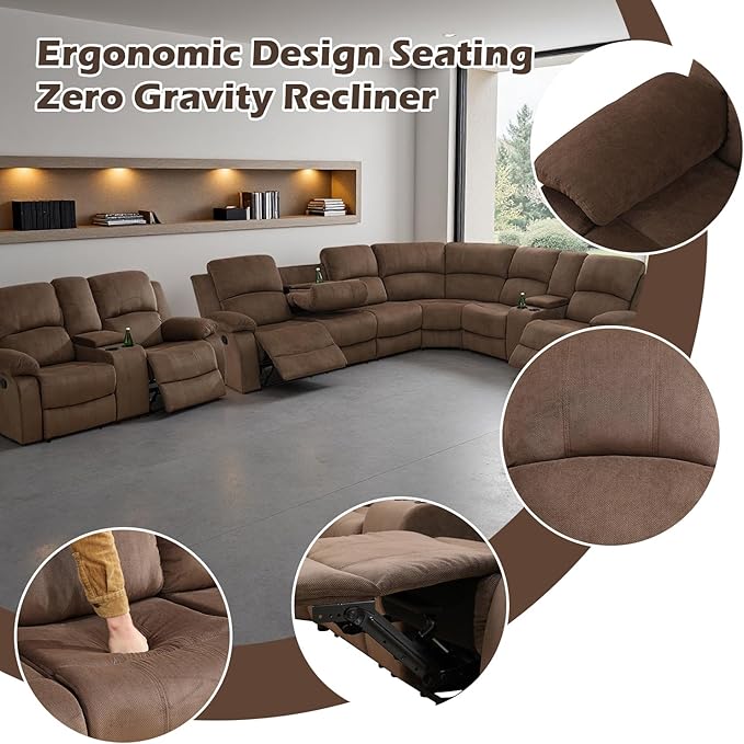 SIENWIEY Manual Recliner Sectional Sofa for Living Room,L Shaped Reclining Sectional Corner Couch with Loveseat,Brown Fabric Recliner Sofa Set with Storage Console/Drop Down Coffee Table/Cup Holders
