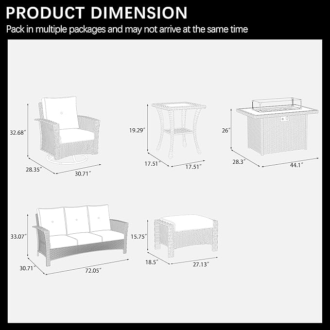 LayinSun 10 Piece Wicker Patio Furniture Set with Fire Pit Table, Classis Outdoor Conversation 360 Degree Swivel Chairs Set with Coffee Table