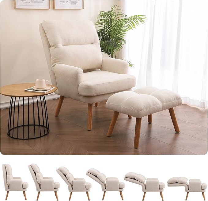 KGOPK Accent Chair with Ottoman,Comfy Armchair with Adjustable Backrest,Fabric Lounge Chair Single Sofa for Living Room,Bedroom,Office,Beige
