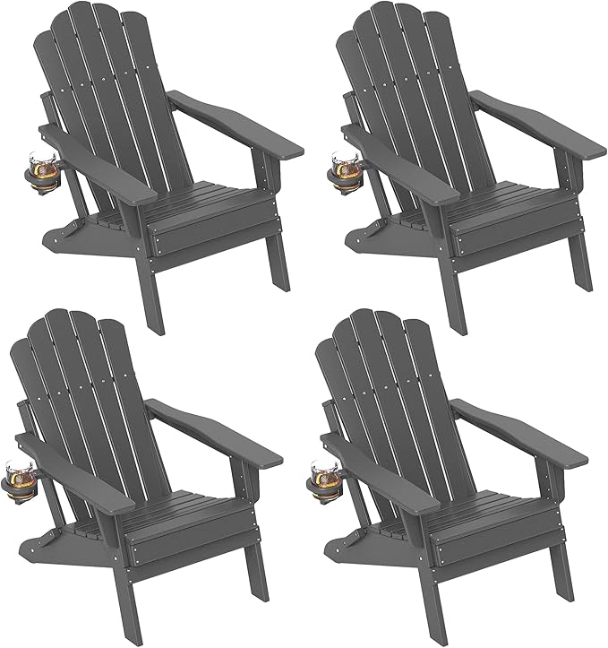FOOWIN Adirondack Chair Set of 4, Folding Adirondack Chair with Cup Holder, HDPE All-Weather Fire Pit Chair for Patio, Garden, Backyard, Poolside, Grey
