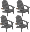 FOOWIN Adirondack Chair Set of 4, Folding Adirondack Chair with Cup Holder, HDPE All-Weather Fire Pit Chair for Patio, Garden, Backyard, Poolside, Grey