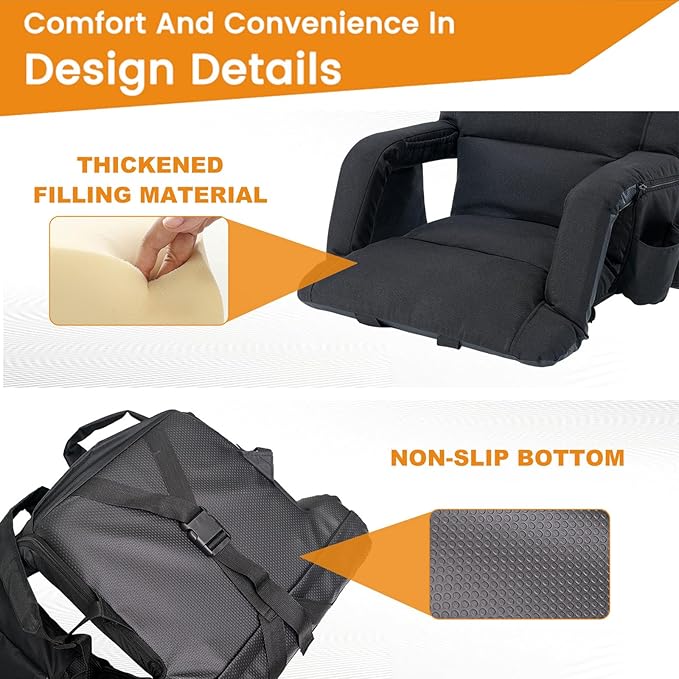 LILYPELLE Wide Stadium Seats with Back Support, Thick Bleacher Chairs with Comfy Cushion, 6 Reclining Positions Stadium Chair Bleacher Chairs with Armrests, Ultimate Comfort for Sports Events