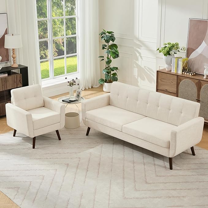 Tbfit Mid Century Modern Sofa Couch, Beige, Standard Sofa & Accent Chair | linen fabric, button tufted, solid wood foot, pocket spring, wood slats frame