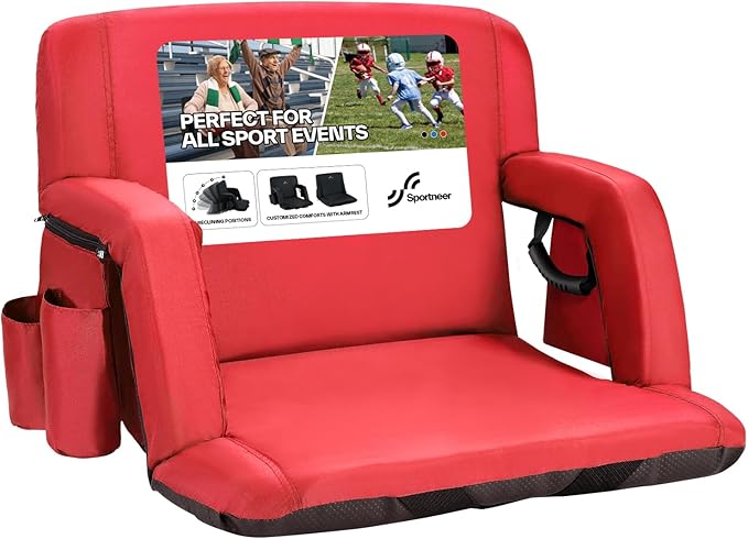 Sportneer Stadium Seats with Back Support: 2.5'' Thick Comfy Cushion 6 Adjustable Angle Bleacher Seat with Armrest - 2 Large Pockets, 2 Cup Holders Stadium Chair for Sport Events Concerts Parks