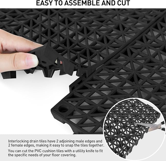 MAXWAVE 18 Pack 12" x 12" Modular Interlocking Floor Mats, Soft PVC Non-Slip Drainage Tiles, Splicing Rubber Cushion Flooring for Deck, Shower, Pool, Basement, Shed, Indoor and Outdoor Use