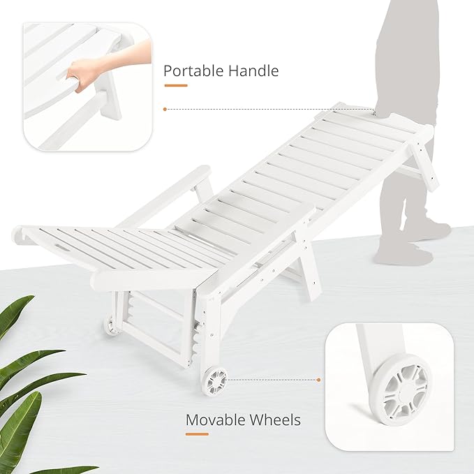 LUE BONA Outdoor Chaise Lounge Chairs Set of 4, HDPS Chaise Lounger, 5 Positions Adjustable Lounge Chairs, Pool Lounge Chair with Wheels for Poolside, White