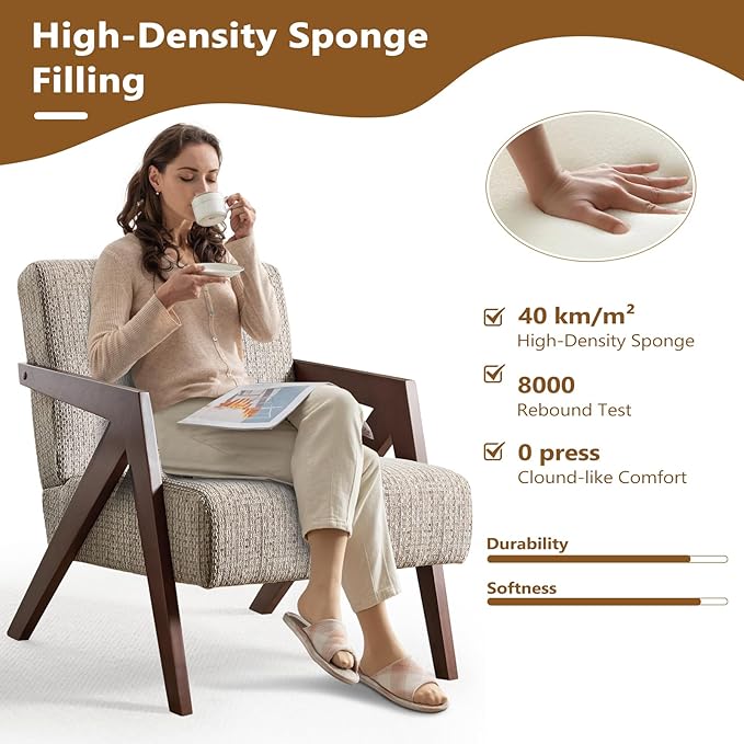 Bonzy Home Mid-Century Modern Accent Chair Set of 2 with Wood Frame, Upholstered Armchair for Bedroom & Living Room, Linen Fabric Cushion, Z-Shaped Armrest Design, Sturdy Lounge Chair