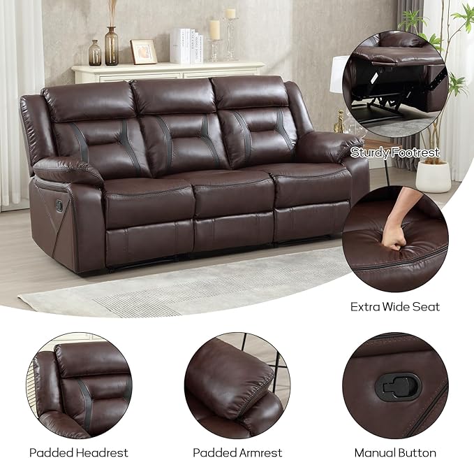 EBELLO Faux Leather Manual Reclining Sofa, 3 Seat Recliner Sofa Chair, Couch Furniture for Living Room, Furniture, Meeting Room, Dark Brown (3 Seat Sofa)