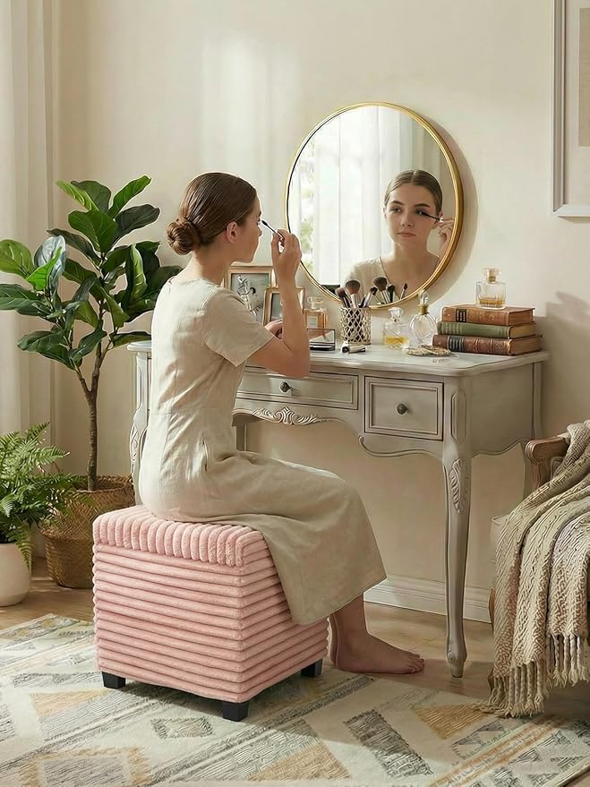 ABHENG 17.7 inches Faux Fur Ottomans Cube with Storage, Metal Framed Vanity Stool Chair Storage Ottoman Foot Rest Stool, Holds 770 LB for Dorm Living Room Bedroom Pink UASND643P