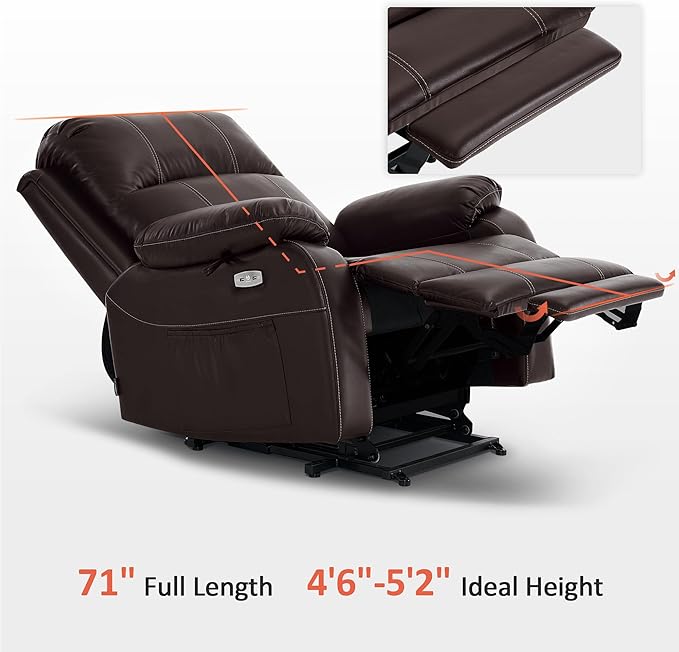MCombo Small-Wide Power Lift Recliner Chair with Massage and Heat for Petite Elderly People, 3 Positions, 2 Side Pockets, USB Ports, Faux Leather R7410 (Dark Brown, Small-Wide)