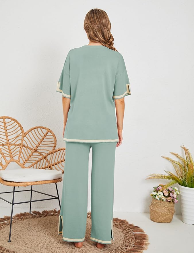 Faleave Womens Knit 2 Piece Sweater Sets Short Sleeve Pullover Tops Elastic Waist Wide Leg Pants Lounge Set