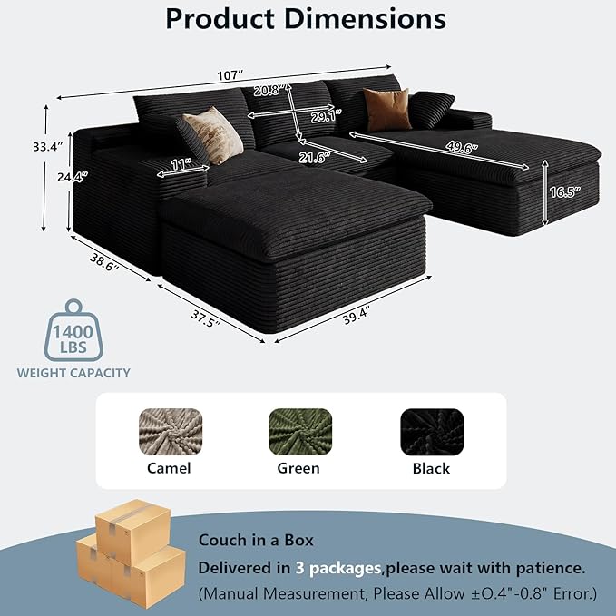 107" Cloud Sectional Couch with U-Shaped Chaise,Corduroy Viral Boneless Sofa with Ottoman,Memory Foam Couches in a Box with Deep Seat for Living Room,No Assembly Required (Black,Right-Facing Chaise)