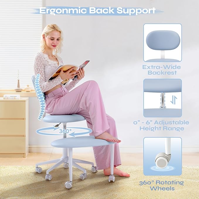 Pinmoco Ergonomic Cross Legged Office Chair with Wheels, ADHD Chair for Adults, Meditation Chair, Yoga Office Chair, Comfortable Back Support, Height Adjustable,Small Spaces, PU Leather, Blue