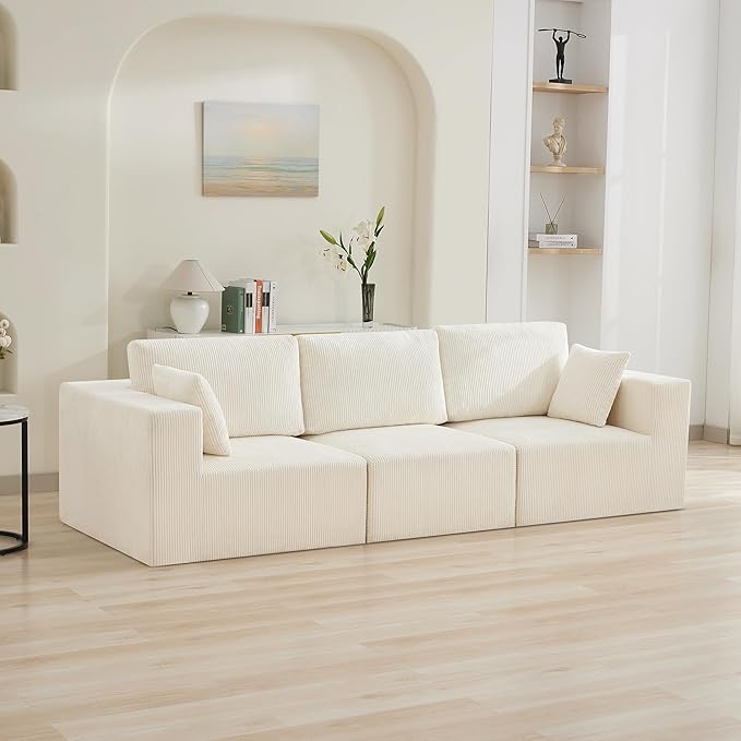 115'' Comfy Boneless Couch, Upholstered Deep Seat Modular Cloud Sofa, No Assembly Corduroy Compression 3 Seater Sofa Couch for Living Room, Beige