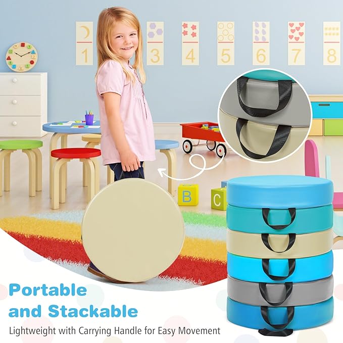 DORTALA 6 PCS Round Flexible Seating Floor Cushions, PU + EPE Portable Classroom Cushion w/Handles, Stackable Seating Cushions for Classroom, Daycare, Preschool (Blue)