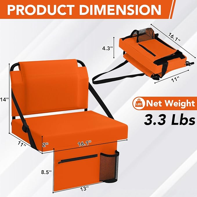 Stadium Seat for Bleachers with Back Support,Portable Bleacher Chairs with Back and Cushion，Orange