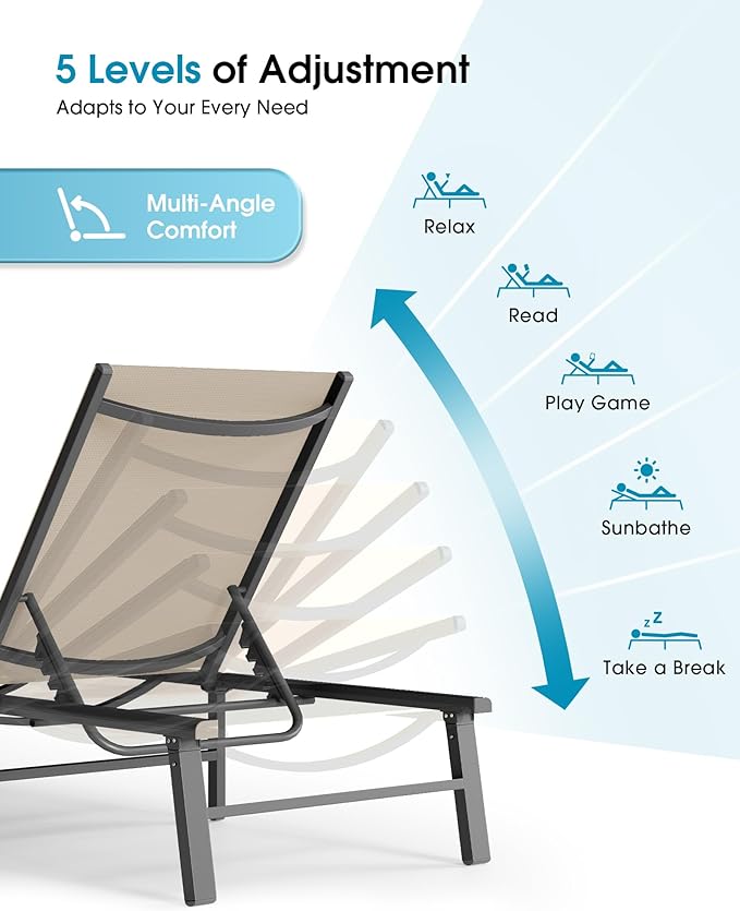 Ciokea Upgraded Aluminum Outdoor Lounge Chair - No Assembly Needed, Foldable Patio Chaise Lounge with 5 Adjustable Positions, Reinforced Frame for Extra Durability, Pool Beach Lounge Chair, Khaki
