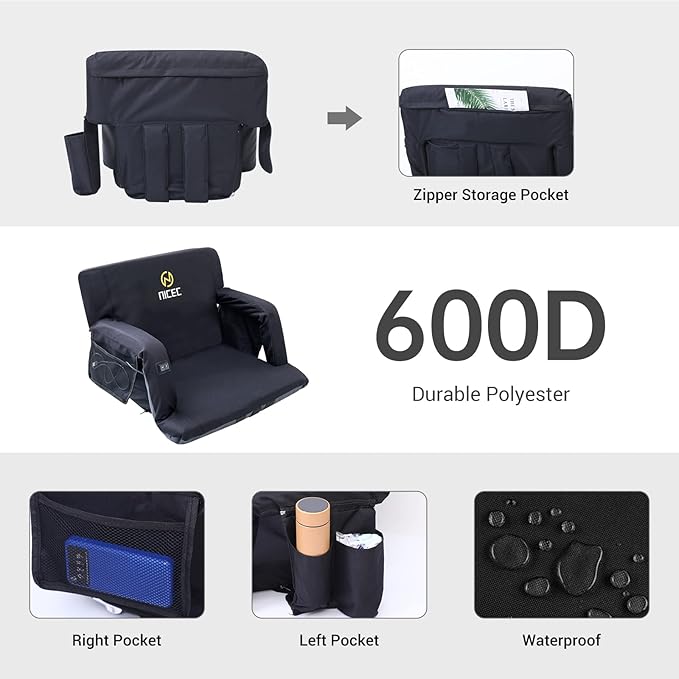 Nice C Heated Massage Stadium Seats, Floor Chair, Bleacher Seats, Reclining Waterproof Cushion, Foldable, Thick Padding, with Shoulder Straps & Side Pockets