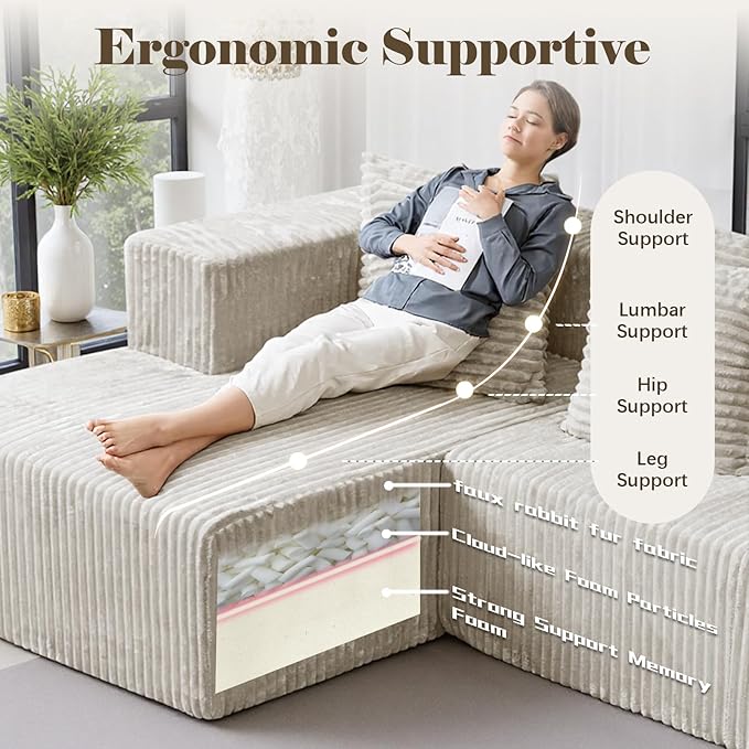 130'' U Shaped Couched for Living Room, Cloud Modular Sectional Couch with 2 Chaise Lounge, Modern Minimalist Upholstered Sofa Sleeper Deep Seat Corner Couch, No Assembly Required Beige