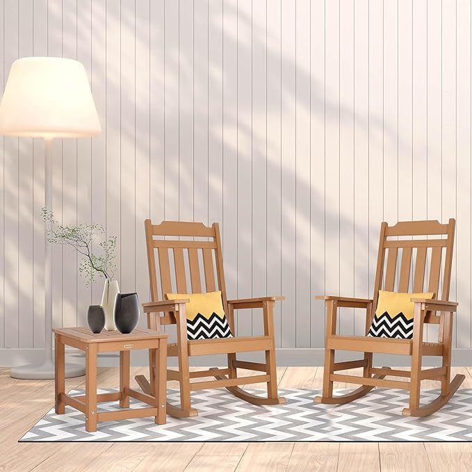 hOmeQomi Rocking Chairs Set of 4, All Weather Resistant Poly Lumber Outdoor Porch Rocker, Rocking Chairs for Outdoor, Indoor, Patio, Deck, Garden, Backyard, Load Bearing 380 lbs - Teak