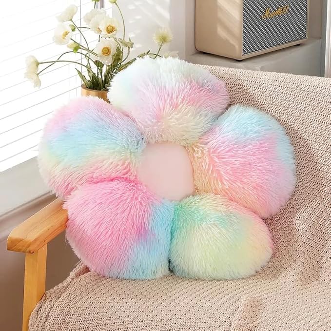 Faux Fur Pillow,Flower Shaped Throw Pillow Butt Cushion Flower Floor Pillow,Seating Cushion,Cute Room Decor & Plush Pillow for Bedroom Sofa Chair (19.7 Inches, Rainbow Pink)