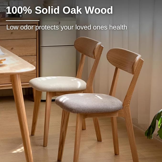 Hymus 100% Solid Oak Wood Dining Room Chairs - Practical Kitchen Chairs for Dining Room, Kitchen, Living Room (4, Natural with White Cushion)