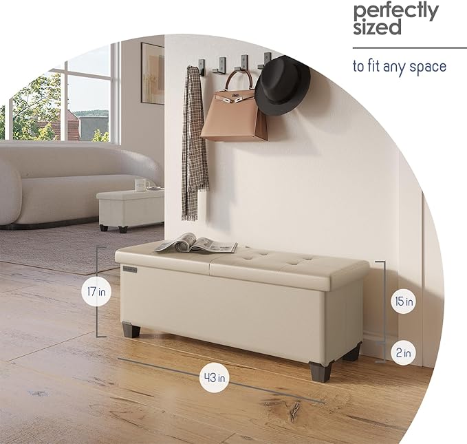 Storage Ottoman Bench with Bins, 43-in Storage Bench for Bedroom End of Bed, Folding Foot Rest Ottoman for Living Room Max 660lbs, Faux Leather Ottomans, Beige