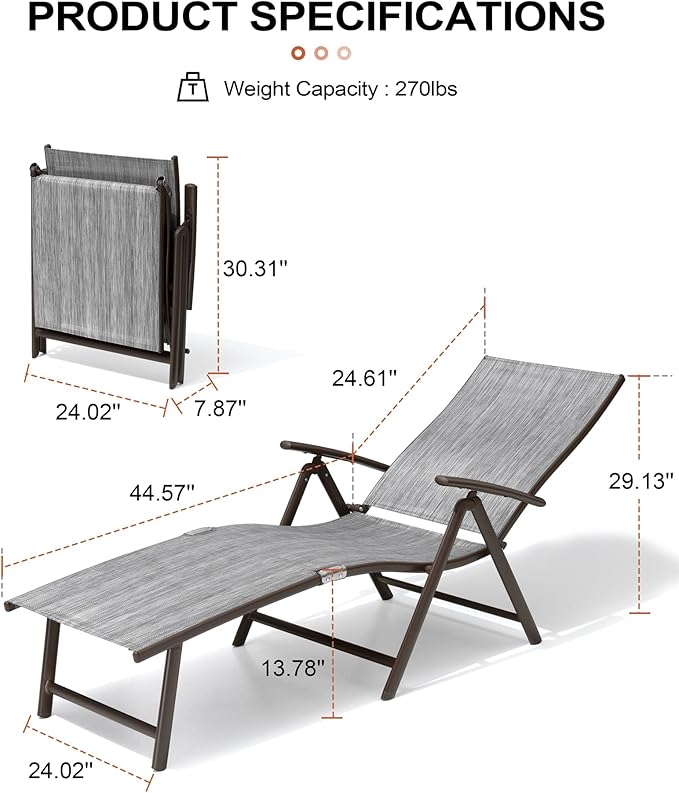 Crestlive Products Chaise Lounge Chair Outdoor Set of 2, Aluminum Folding Patio Recliner Chair, Adjustable 8 Positions Assemble-Free Perfect for Beach, Yard, Pool, Deck