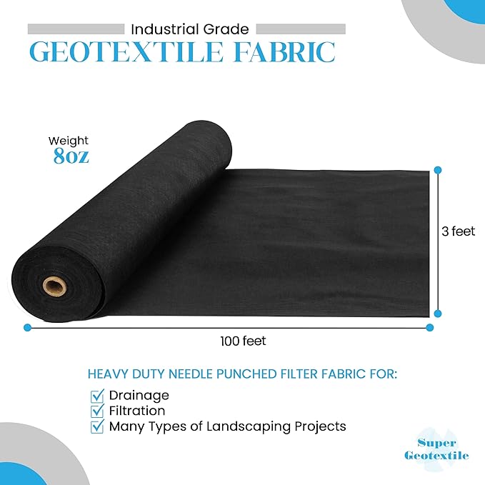 Super Geotextile 4, 6, 8 oz Non Woven Fabric for Landscaping, French Drains, Underlayment, Erosion Control, Construction Projects - 8 oz (3x100)