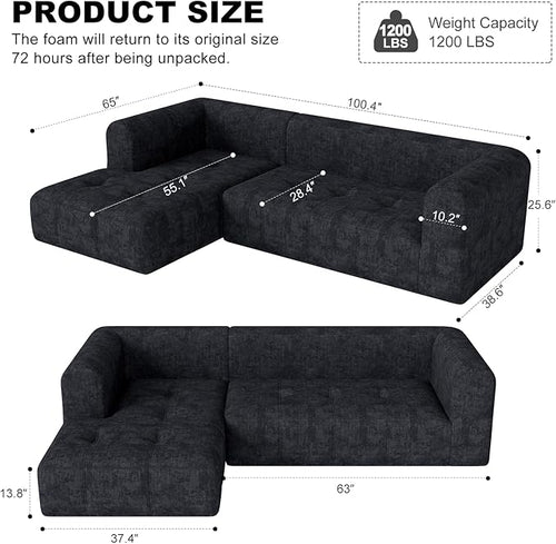105" Modular Sectional Sofa, Boneless Couch for Living Room, Cloud Sectional Couch with Deep Seat, L-Shape Sofa, Upholstered Couches for Living Room Bedroom, No Assembly Required, Black (Slub Fabric)