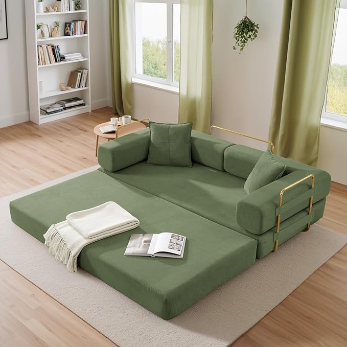 Antetek Convertible Futon Sofa Bed, 3 Seater Modern Corduroy Foam Floor King Size Bed Fold Out Sleeper Lounge Loveseat Sofa Couch with 2 Throw Pillows for Living Room Bedroom Guest Room, Green