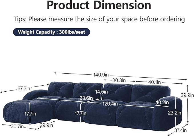 Modular Sectional Sofa with Free Combination,Oversized Boneless Floor Couch for Living Room & Lounge,Velvet 4-Seater Sectional Couch with Ottoman,No Assembly Needed