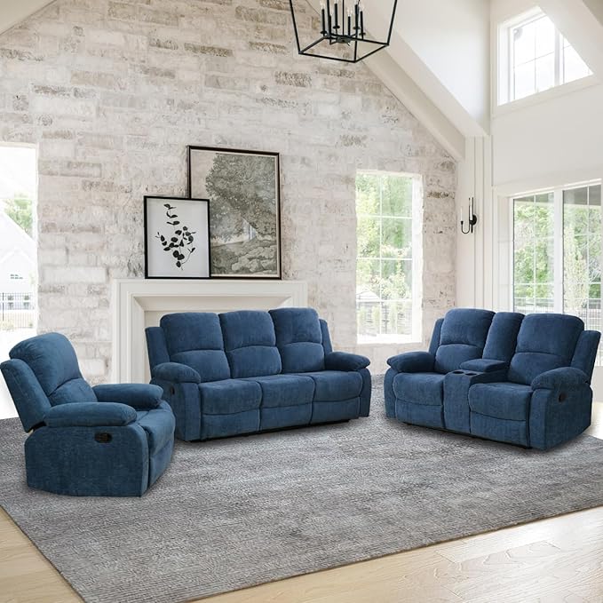 AYCP Bonded Leather Living Room Furniture Set Reclining Sofa Set Loveseat Furniture Sets in Living Room Sofa Recliners (3 Pieces, Blue Microfiber)