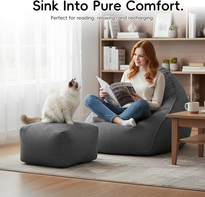 Cloud Bean Bag Chair with Ottoman for Adults, Comfy Corduroy Chaise Lounge Chair with High-Resilience Foam, Boneless Reading Chair for Bedroom & Living Room (Grey)