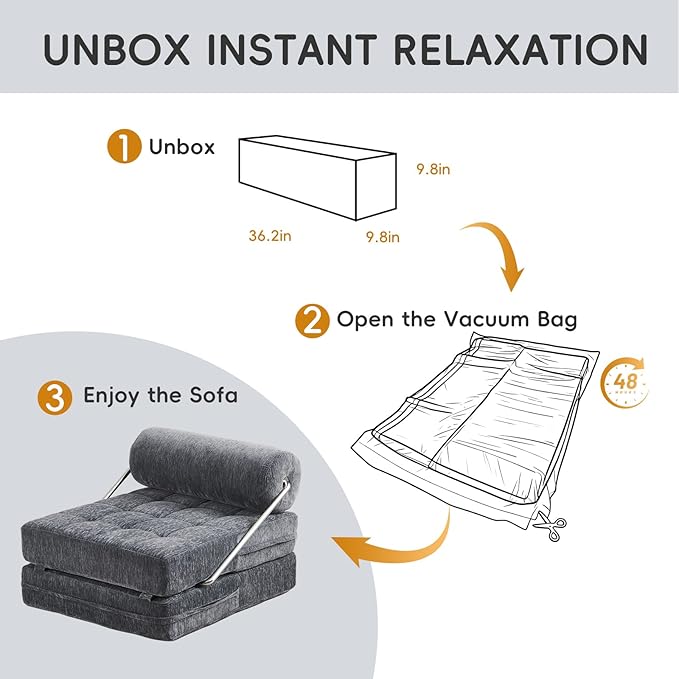 4-in-1 Folding Sofa Bed, Easy Assembly Chenille Boneless Couch, Convertible Sleeper Chair with Back Support, Small Floor Futon Sofa for Living Room & Bedroom, Single (Grey)