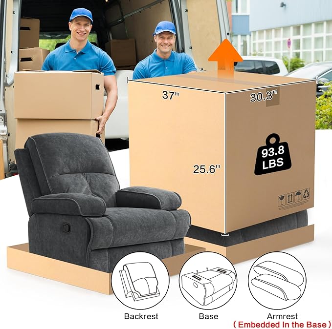 KeyEnergy Manual Rocker Recliner Chair for Adults, High Back Glider with Deep Seat, Upholstered Fabric Armchair for Living Room & Nursery, Dark Grey