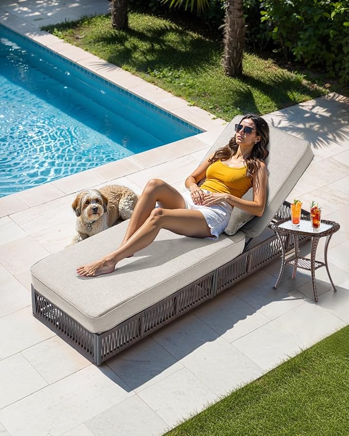 ACTREST Luxury Outdoor Chaise Lounge Chairs of 4 with 5 Inch Thick Cushions and Side Table - 6 PCS High Back Brown Wicker Rattan Patio Recliners Lounger Furniture Set for Poolside Sunbathing - Beige