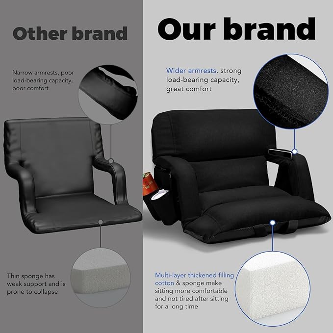 Wide Stadium Seats With Back Support 2 Pack, Exclusive "Sofa Style" Design Extra Thick Bleacher Chairs With Back and Cushion, 6 Reclining Positions - Ultimate Comfort for Sports Events (Black, 22.5")