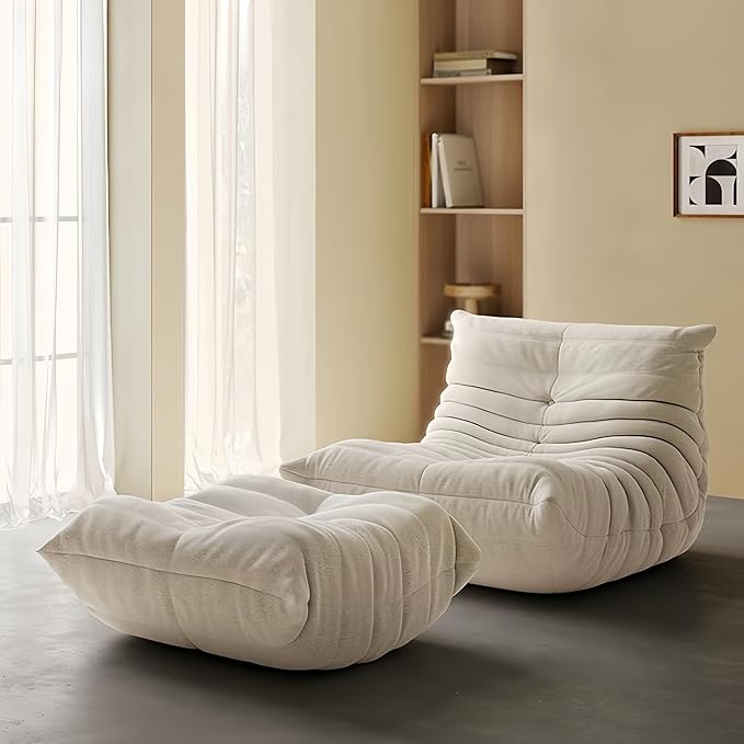 Bean Bag Chair - Memory Foam Bean Bag Chair for Adults, Comfy High-Resilience Single Sofa, Small Space Floor Chair, Chaise Lounge for Living Room, Bedroom (Beige, Wrinkles + Ottoman)