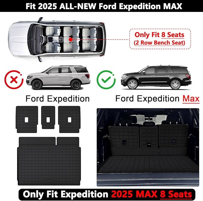 Floor Mats for 2025 Ford Expedition MAX 8 Seats & Trunk Mat & Backrest Mat, Only Fit Max (2nd Row Bench Seat) TPE All Weather Protection Car Full Set Mats Covering The Backrest Accessories