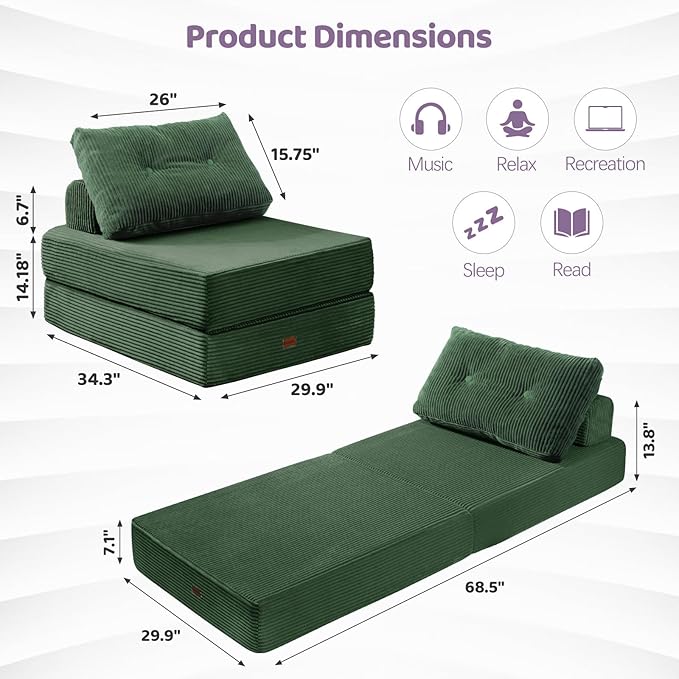 Folding Sofa Bed,3-in-1 Convertible Sleeper Chair Corduroy High-Density Foam with Pillow, Foldable Single Futon Chair for Living Room、 Bedroom 、Hotel、 Apartment, Single, Emerald Green