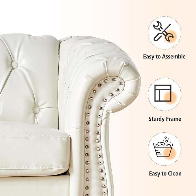 QHITTY Accent Large Sofa, Chesterfield Couch 3 Seater Modern Leather Couch Upholstered Sofa with Tufted Back for Living Room Furniture (White)